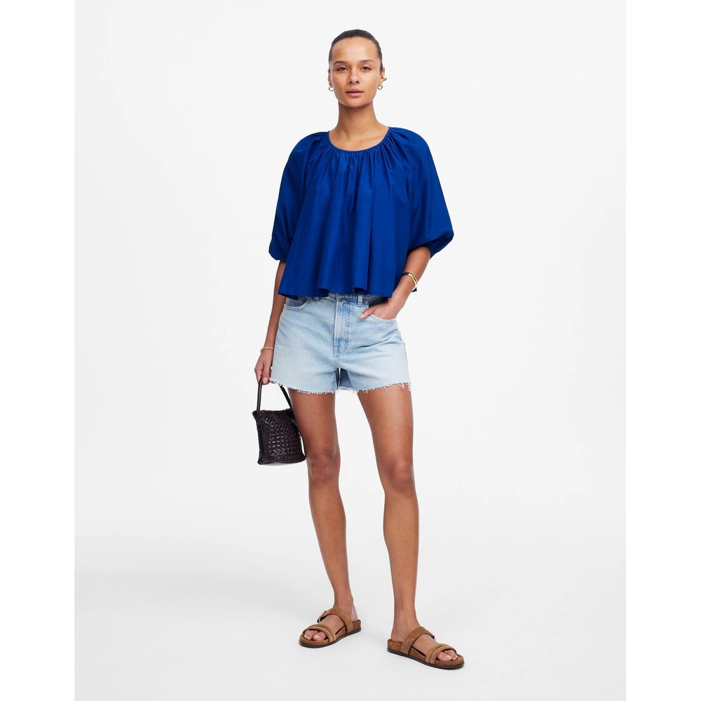Madewell Shirred Puff-Sleeve Top in Cotton-Silk Voile Bright‎ Sapphire Small NWT
